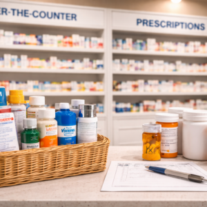 Pharmacy counter with medications arranged
